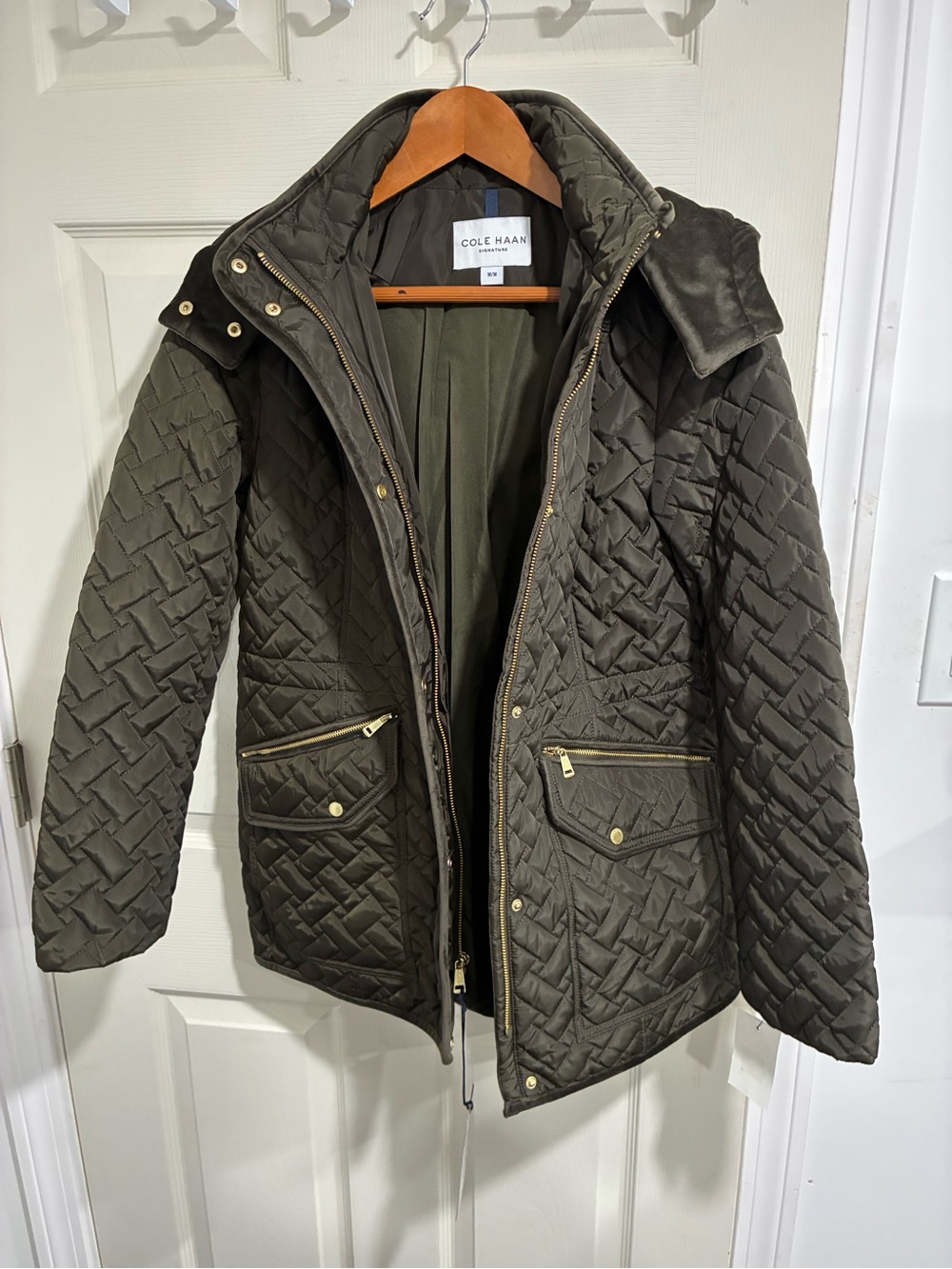 Cole Haan Olive Green Quilted Jacket with Gold Hardware